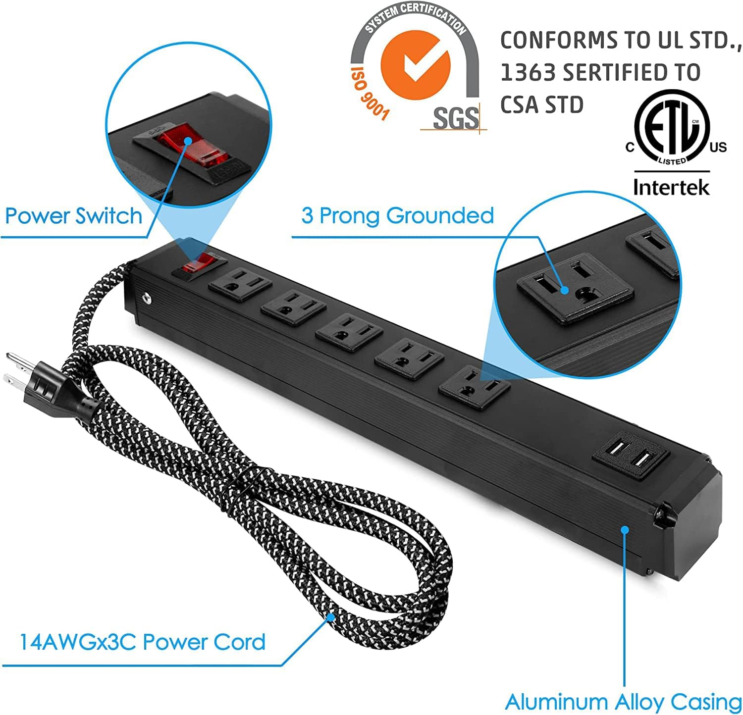 2 Pack Long Power Strip, 6 Metal Power Outlets 2 USB Ports, 6 ft Long Extension Cord with Hook & Loop, Black | karmasfar.us