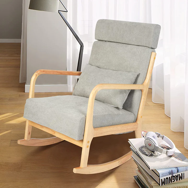 Upholstered Rocking Chair Sofa Modern High Back Armchair Single Sofa with Pillow, Soft, Grey