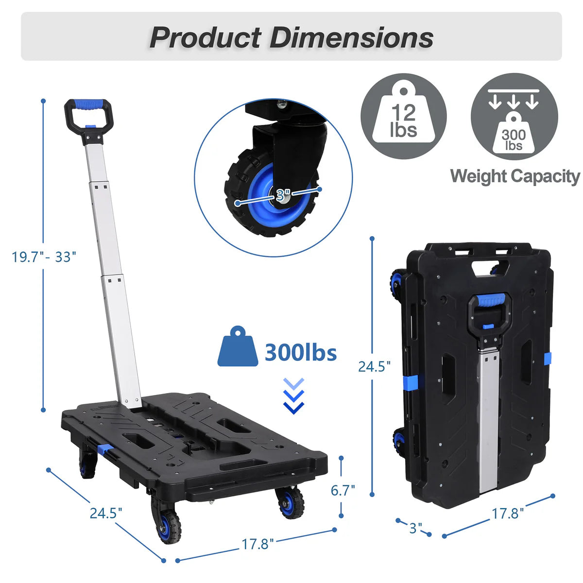 Portable Platform Hand Truck Foldable Hand Cart Dolly with 360° Swivel Wheels