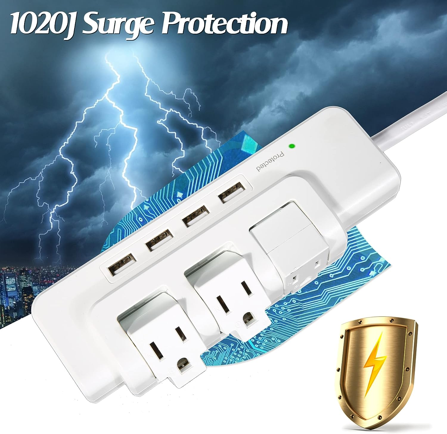 Rotating Power Strip Surge Protector 1020 Joules 3 Outlet Extender with 4 USB Ports and 6ft Heavy Duty Extension Cord | karmasfar.us