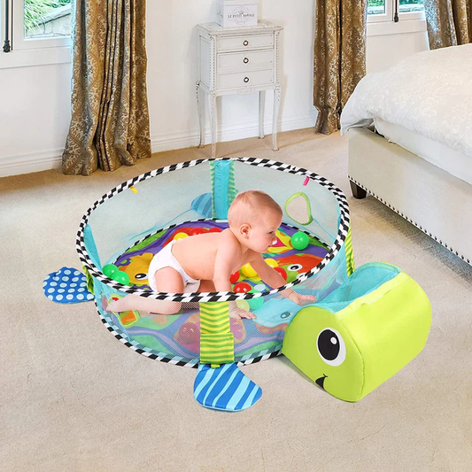 3-in-1 Cartoon Baby Infant Activity Gym Turtle Play mat & Ball Pit with 30 Balls and 4 Linkable Toys