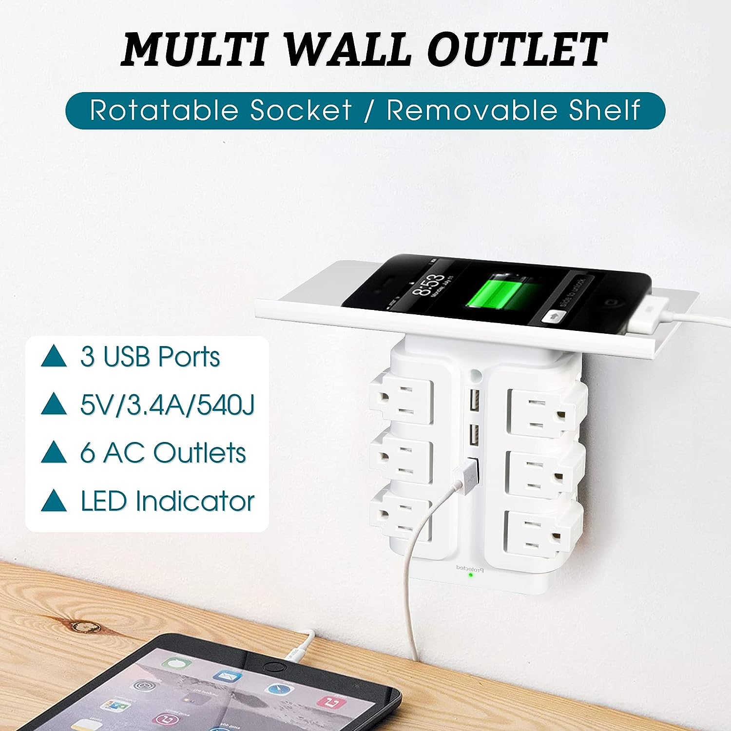 Power Strip Tower 6 Outlets 3 Usb with Removable Shelf Wall Mount for Home Office