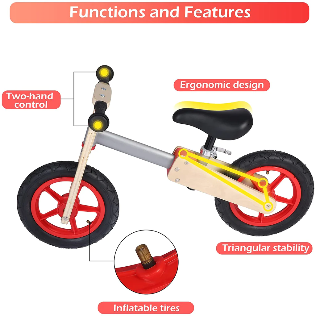 Wooden Sport Kids' Balance Bike with Adjustable Seat for Kids 3+ Years Old