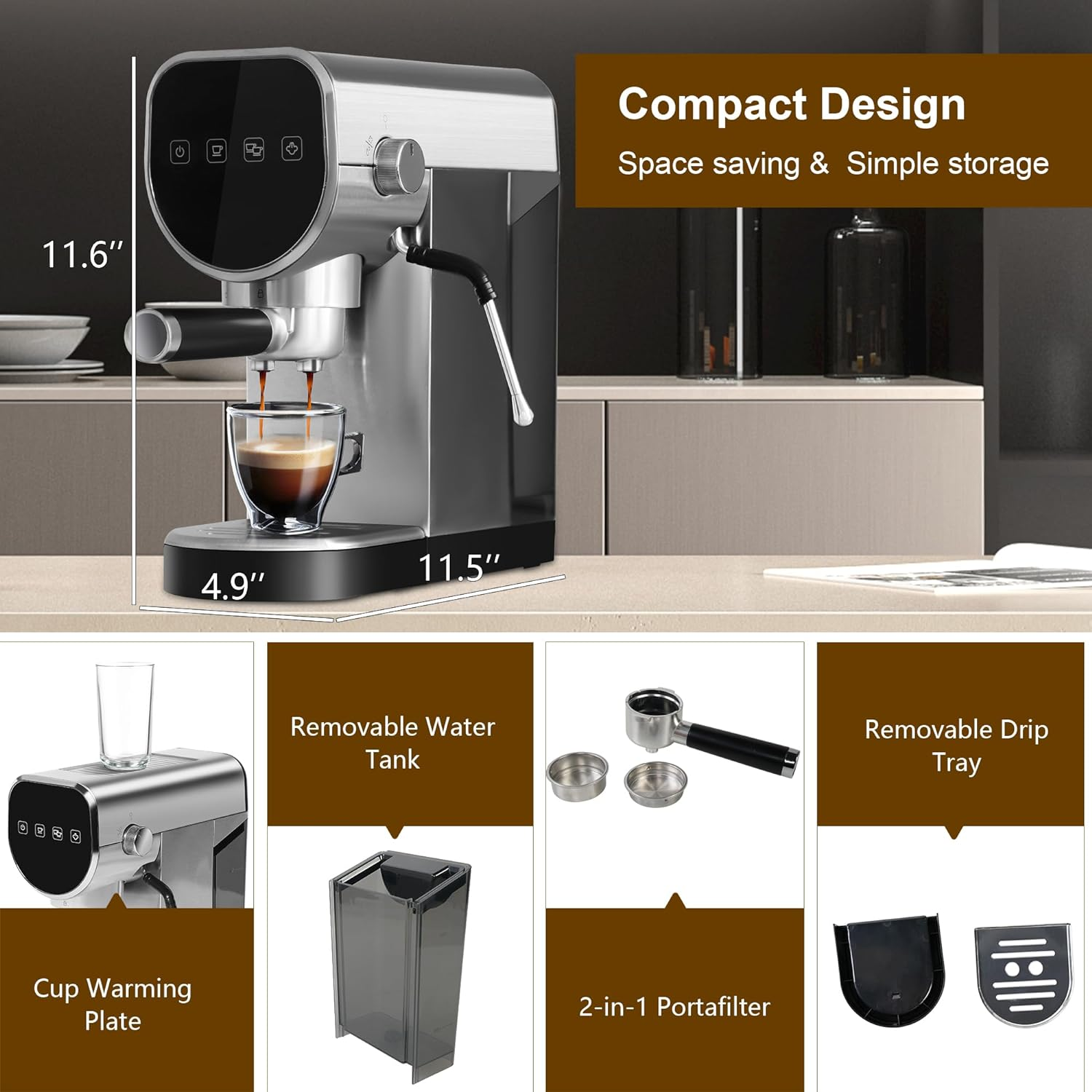 Manual Coffee Maker with Milk Frother Steam Wand, Compact Espresso Coffee Machine，Stainless Steel, 1250W