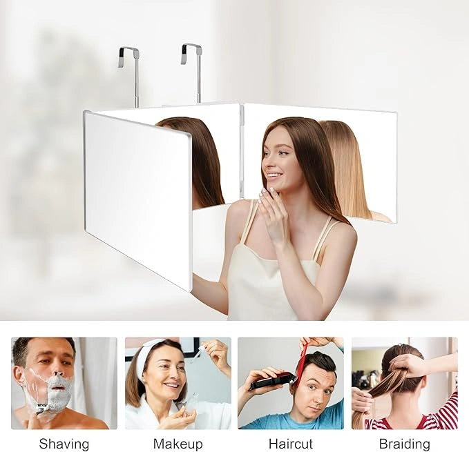 3 Way Haircut Mirror, Three Sided Barber Mirror with Adjustable Telescoping Hooks, 360 Trifold Mirror to See Back of Head for Self Hair Cutting, Makeup, Braiding, Shaver, Hair Dyeing