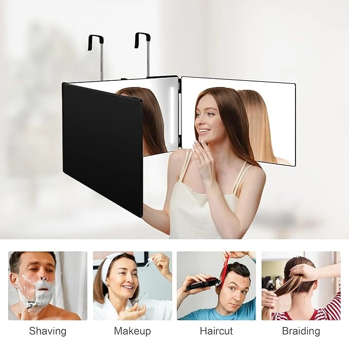 3 Way Haircut Mirror, Three Sided Barber Mirror with Adjustable Telescoping Hooks, 360 Trifold Mirror to See Back of Head for Self Hair Cutting, Makeup, Braiding, Shaver, Hair Dyeing