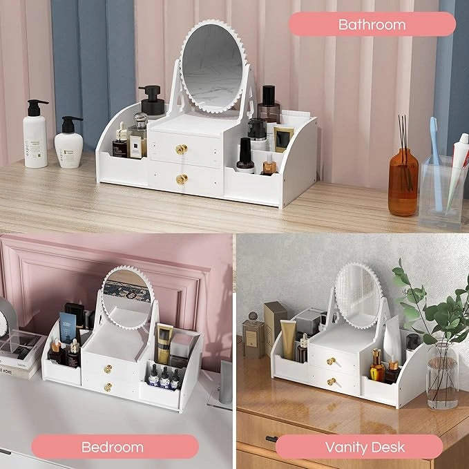 Makeup Organizer Drawer with Rotating Mirror, Cosmetic Storage Box with Square Makeup Mirror, Countertop Skincare and Cosmetics Container, Makeup Display Case for Brushes Eyeshadow