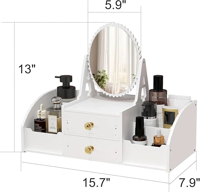 Makeup Organizer Drawer with Rotating Mirror, Cosmetic Storage Box with Square Makeup Mirror, Countertop Skincare and Cosmetics Container, Makeup Display Case for Brushes Eyeshadow