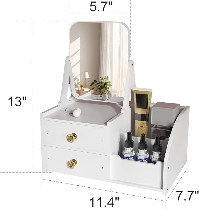 Makeup Organizer Drawer with Rotating Mirror, Cosmetic Storage Box with Square Makeup Mirror, Countertop Skincare and Cosmetics Container, Makeup Display Case for Brushes Eyeshadow