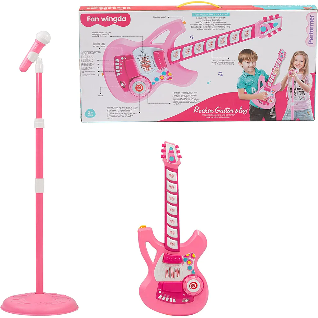 Kids Electric Guitar Beginner Kits Play Set with Microphone Speaker and Stand, Pink