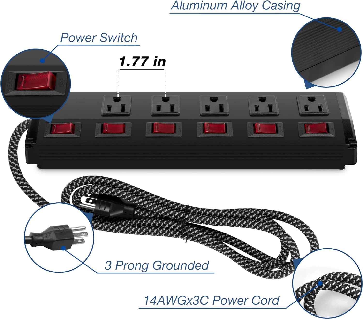 2 Pack Long Power Strip, 6 Metal Power Outlets 2 USB Ports, 6 ft Long Extension Cord