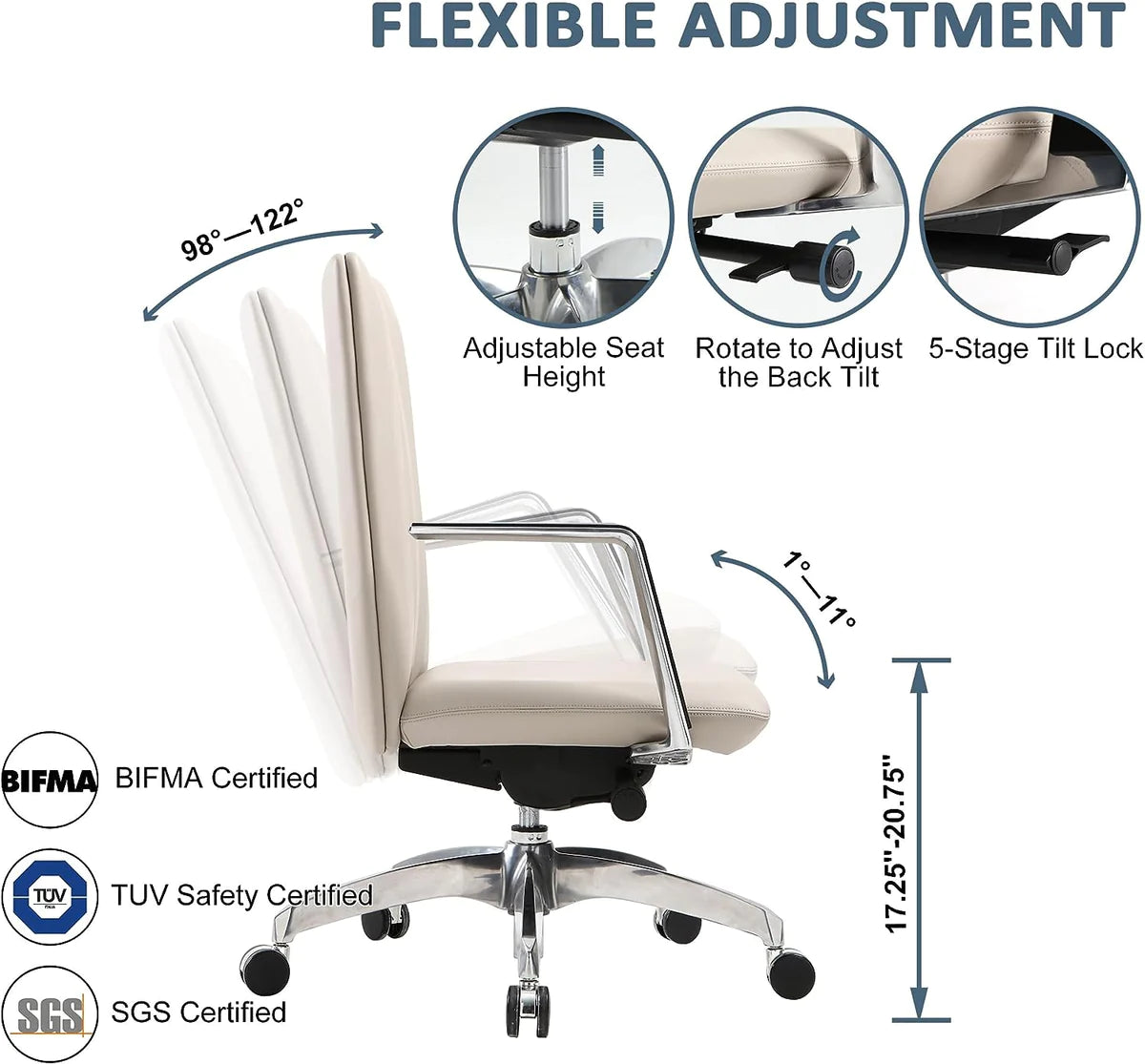 Ergonomic Leather Office Chairs with Tilt and Height Adjustable, 360° Swivel for Home Office