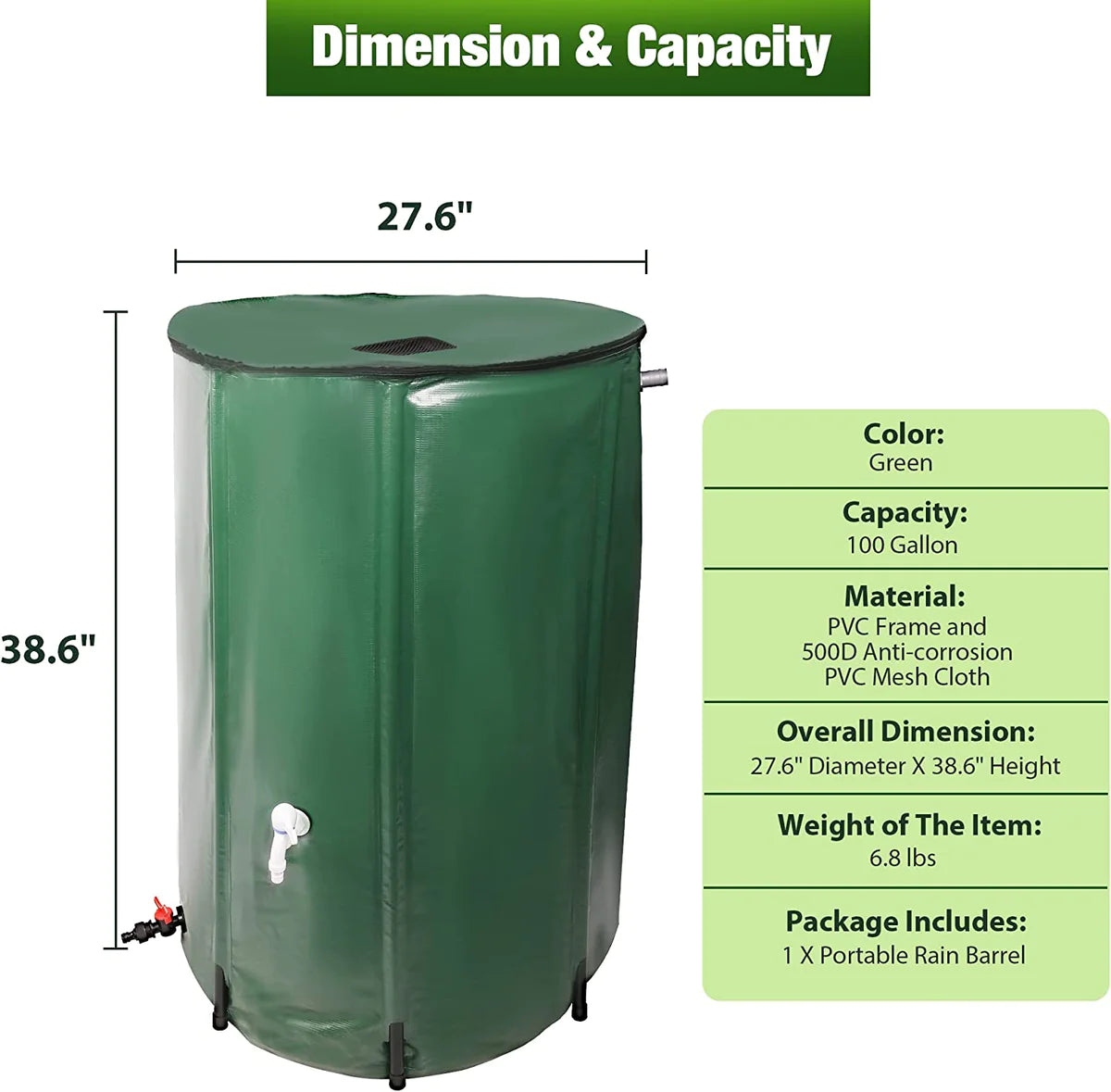 Rain Barrel Water Collector Bottle Rainwater Storage Container 100 Gallon, Green