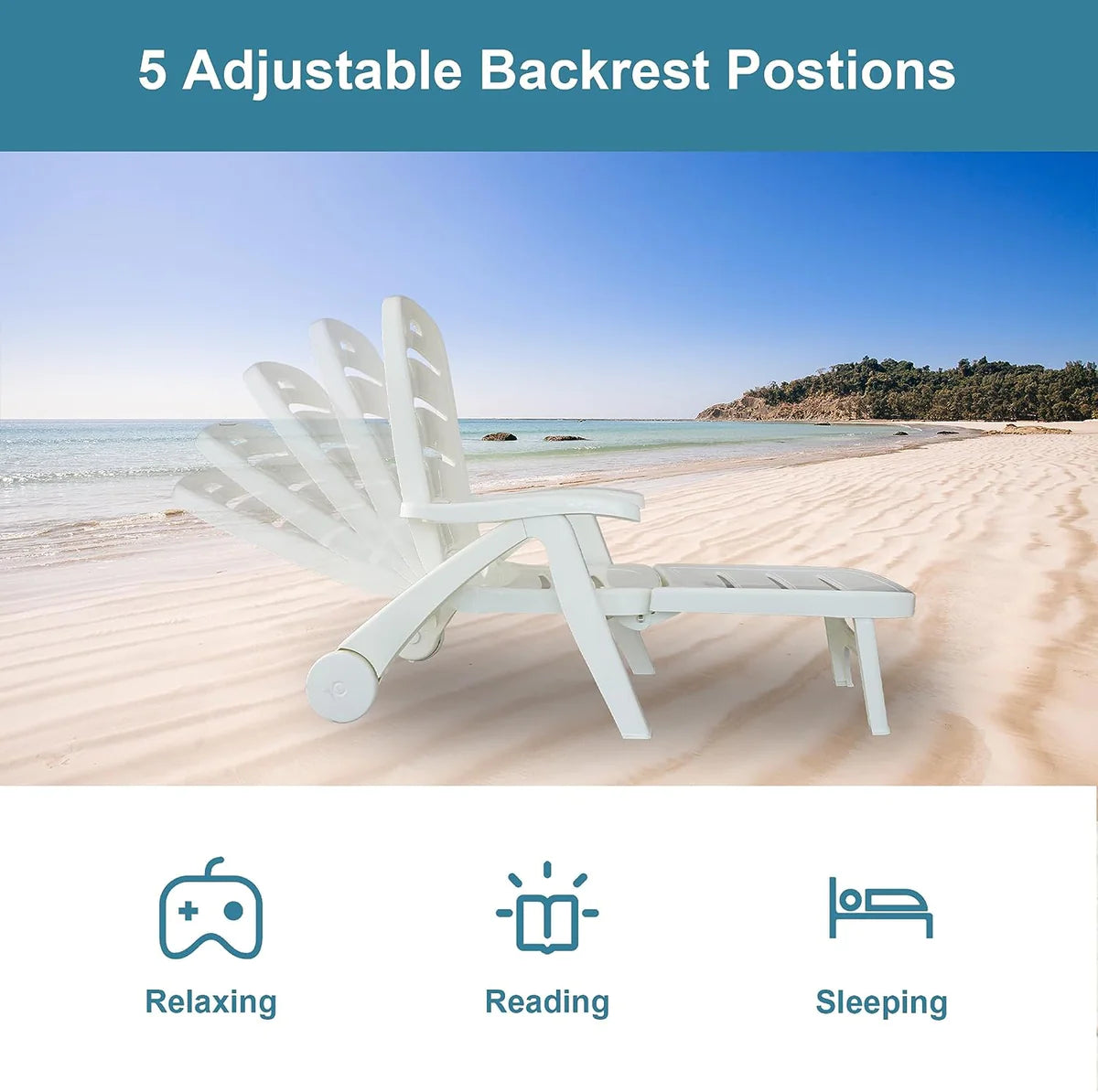 Portable Outdoor Beach Chair with Adjustable Back and Triangular Stability Structure, White