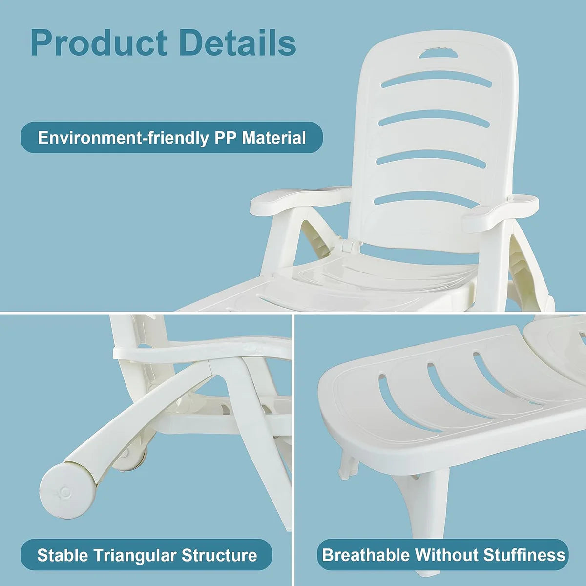 Portable Outdoor Beach Chair with Adjustable Back and Triangular Stability Structure, White