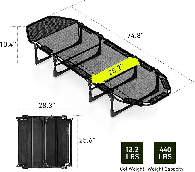 Outdoor Foldable Chaise Lounge Chair, Heavy Duty Sleeping Camp Cot Support Up to 440lbs, 600D PE Oxford Cloth Sleeping Cot for Adults, Black