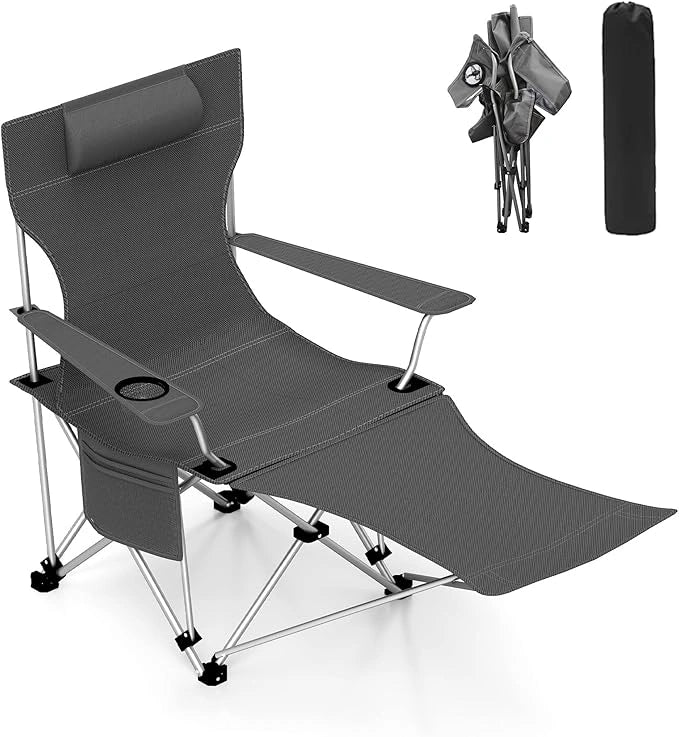 Folding Camping Lounge Chair, Portable Camping Chair with Headrest & Footrest, Ultralight High Back Reclining Chair with Storage Bag & Cup Holder, 275 lbs Weight Capacity