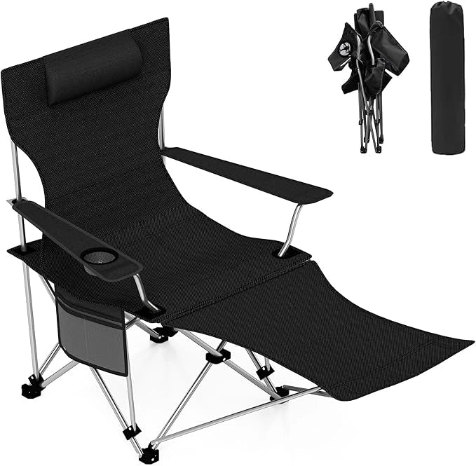 Folding Camping Lounge Chair, Portable Camping Chair with Headrest & Footrest, Ultralight High Back Reclining Chair with Storage Bag & Cup Holder, 275 lbs Weight Capacity