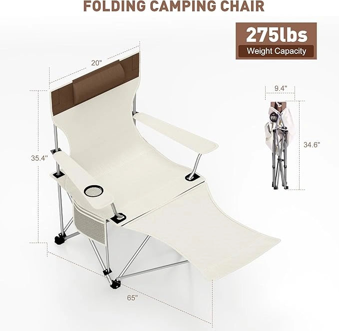 Folding Camping Lounge Chair, Portable Camping Chair with Headrest & Footrest, Ultralight High Back Reclining Chair with Storage Bag & Cup Holder, 275 lbs Weight Capacity