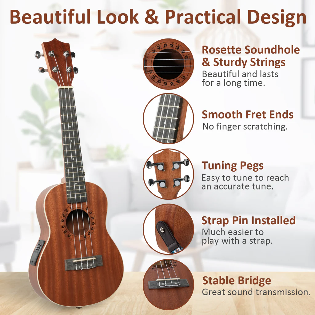 23-inch Mahogany Wood Ukulele, Wooden Electric Ukulele Starter