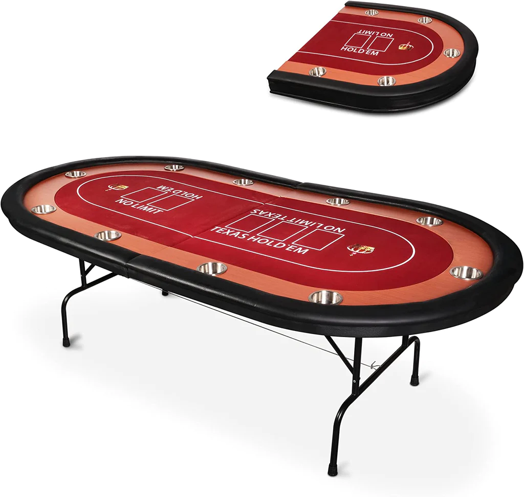 10 Players Poker Table Foldable Large Casino Table Texas Holdem Red Felt Surface