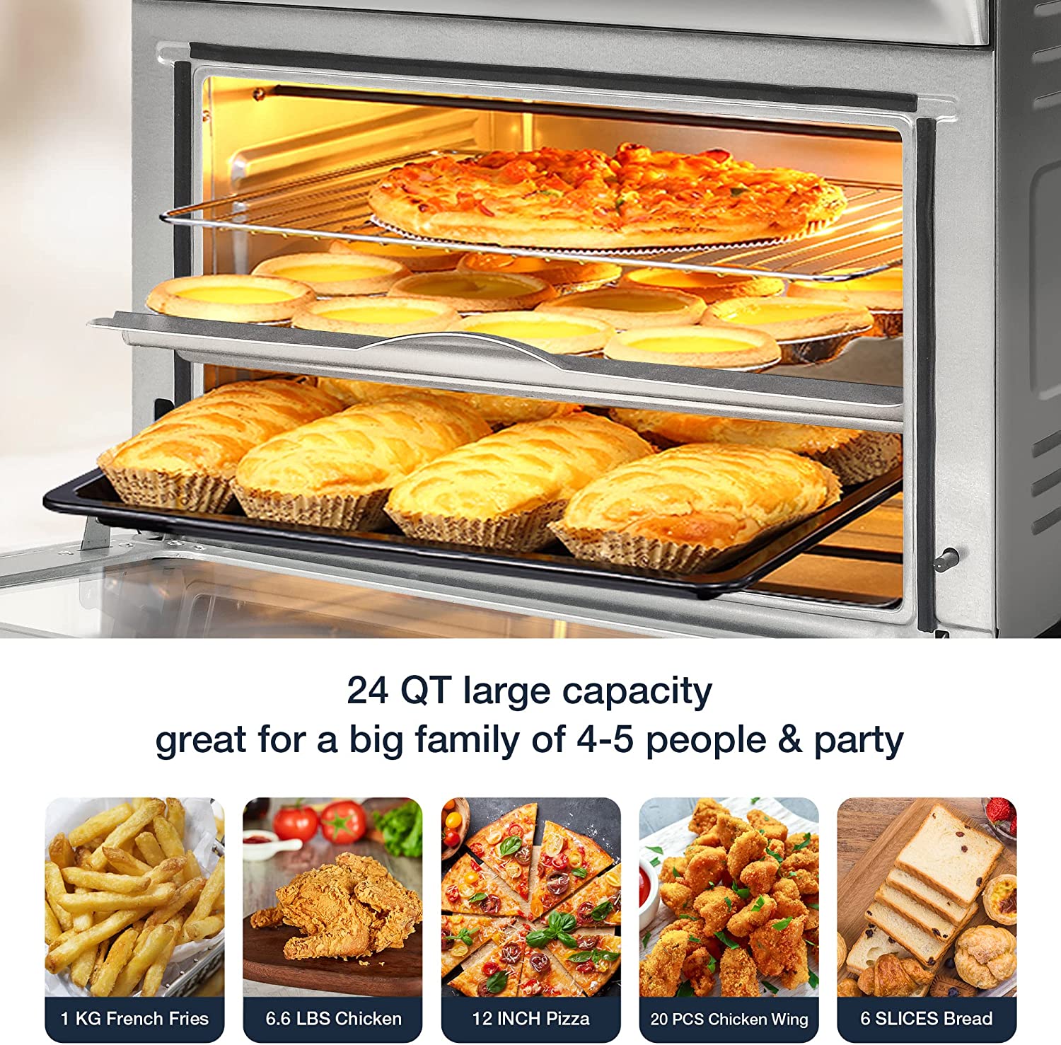 24 Quart Air Fryer Convection Toaster Oven 8 Cooking Functions Stainless Steel 1800W Kitchen Small Appliance