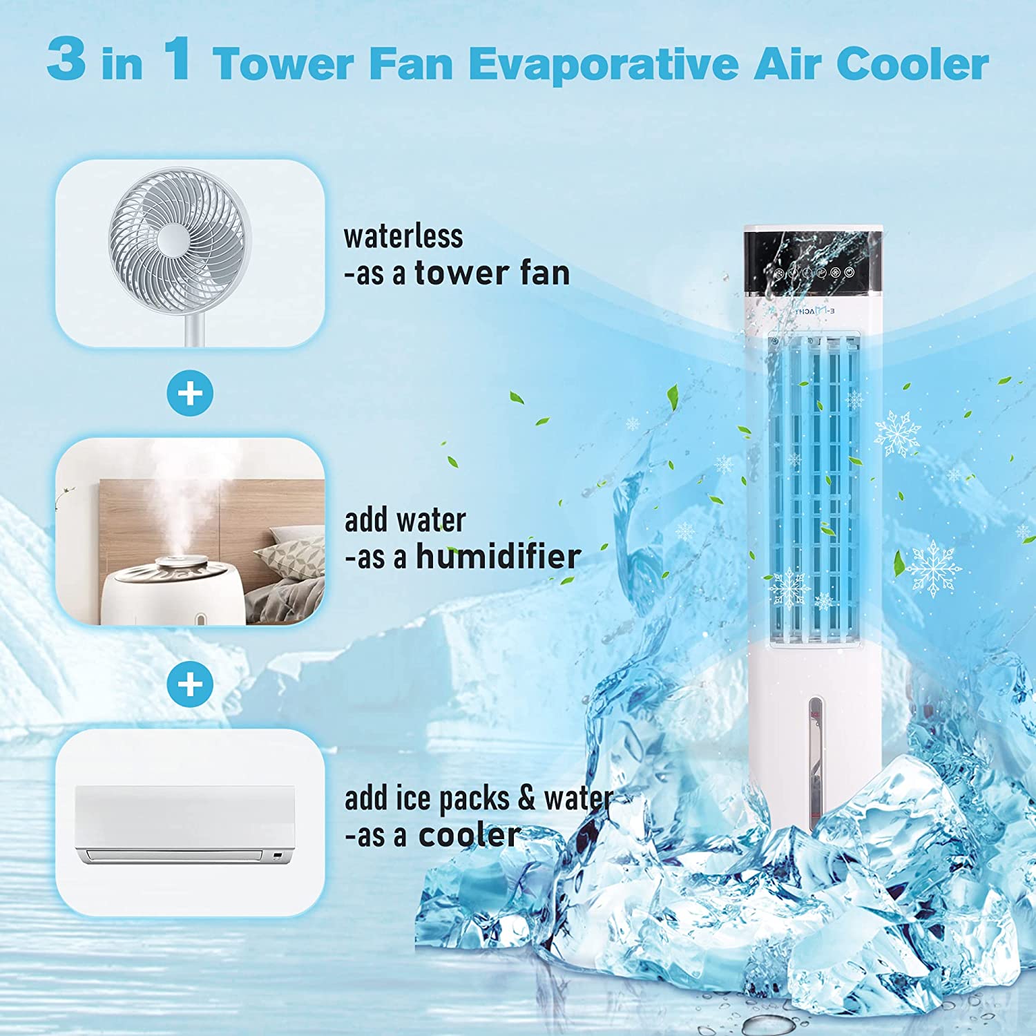 3-in-1 Evaporative Air Cooler Portable Bladeless Tower Fan Air Conditioners