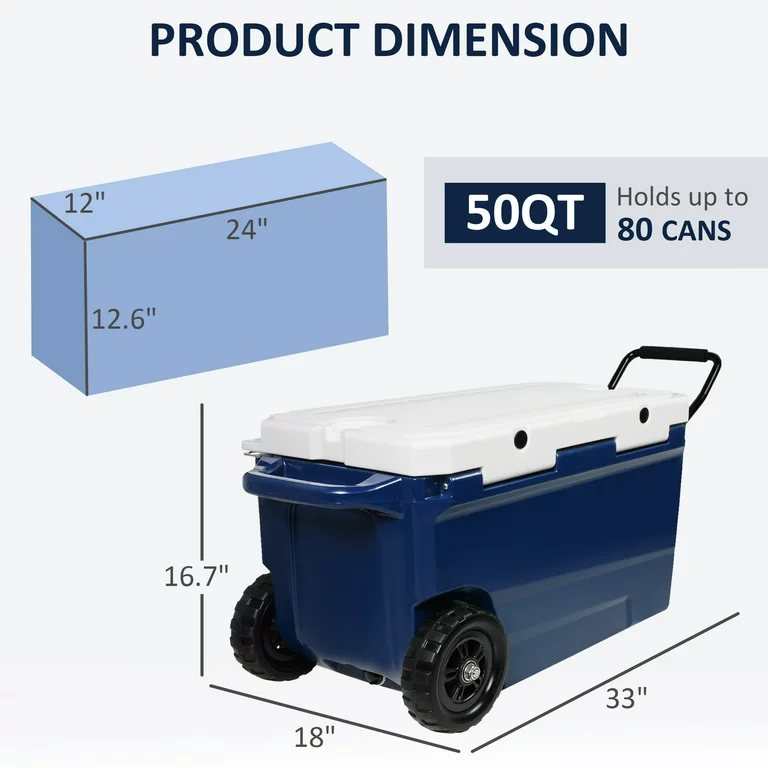 50 Qt Heavy Duty Hard Cooler with Wheels and Nylon Handle, Keep Ice for Up to 5-7 days