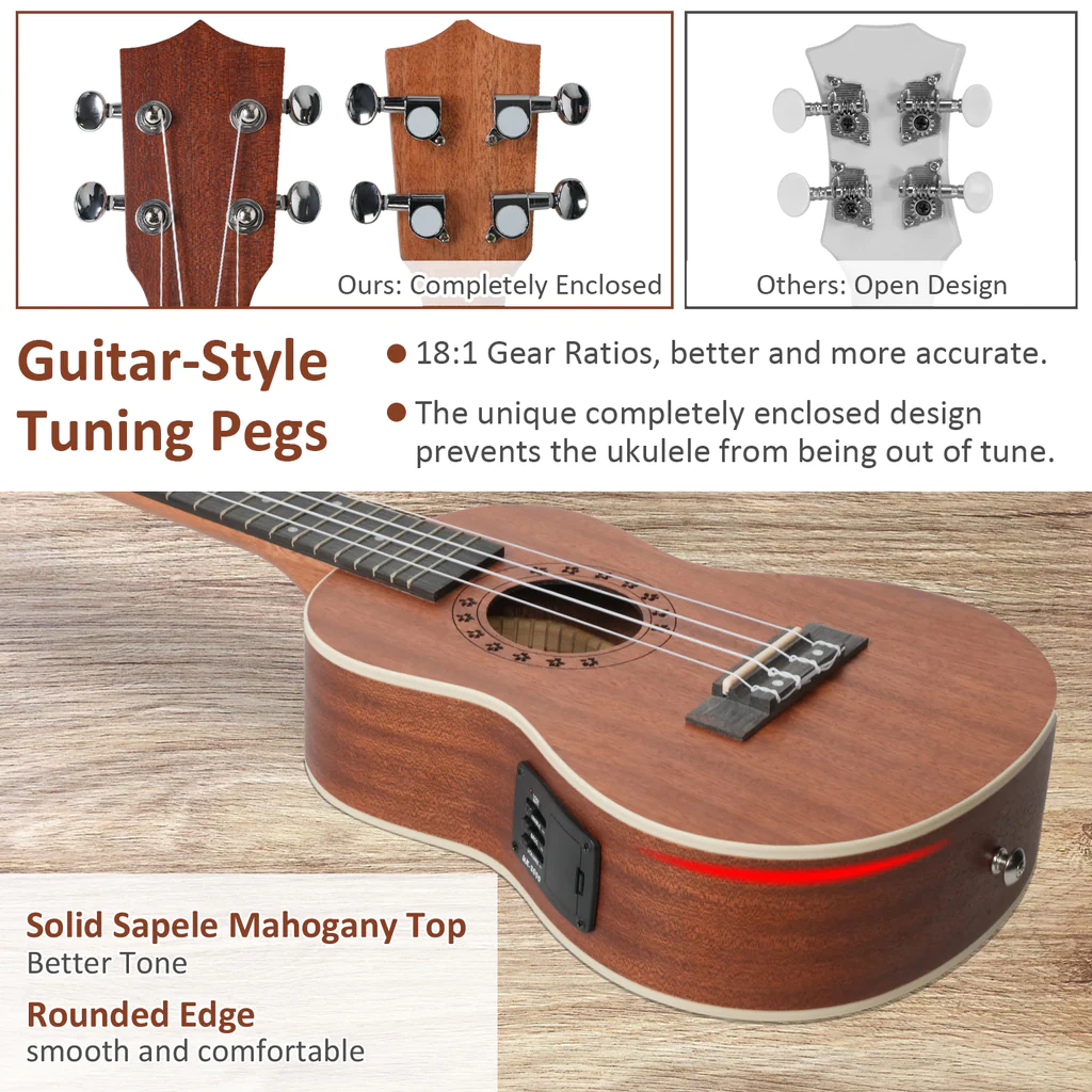 23-inch Mahogany Wood Ukulele, Wooden Electric Ukulele Starter