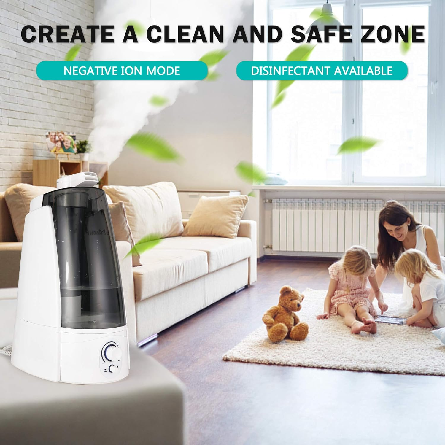 Quiet Ultrasonic Cool Mist Humidifier 5L w/ Auto Shut-Off Adjustable Mist Output Double 360°Nozzle Negative Ion, Black