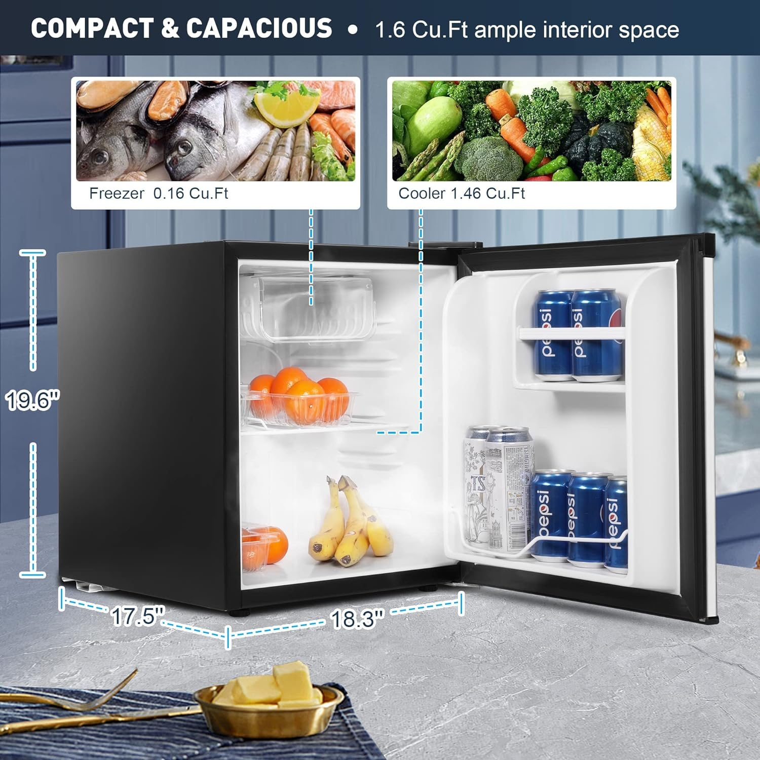 Energy-saving Compact Small Refrigerator, 1.6 Cu. Ft. Adjustable Thermostat Refrigerator with Freezer and Adjustable Legs