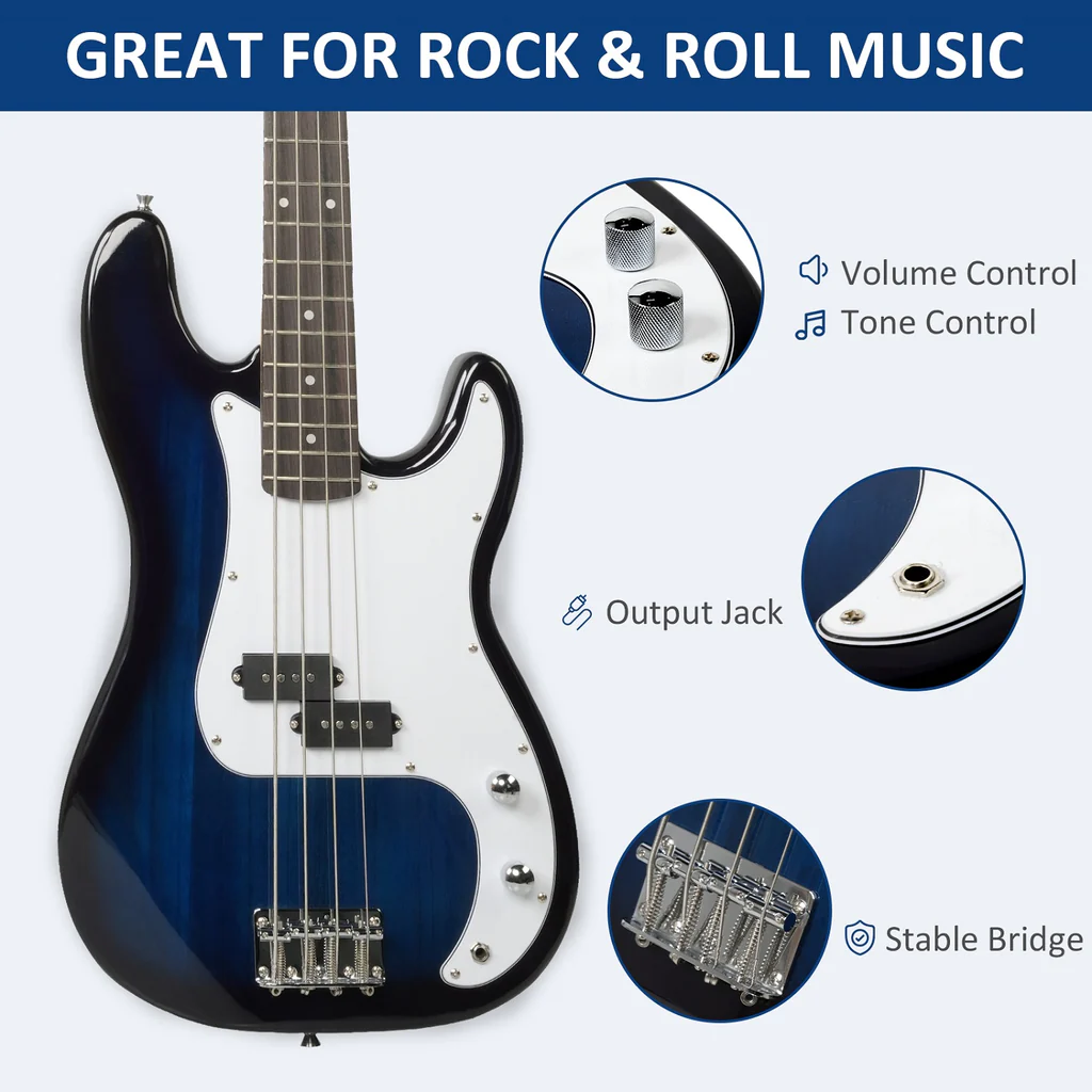 Electric Bass Guitar 4 Strings, 46 Inch Full Size Beginner Kit with 15W Amp