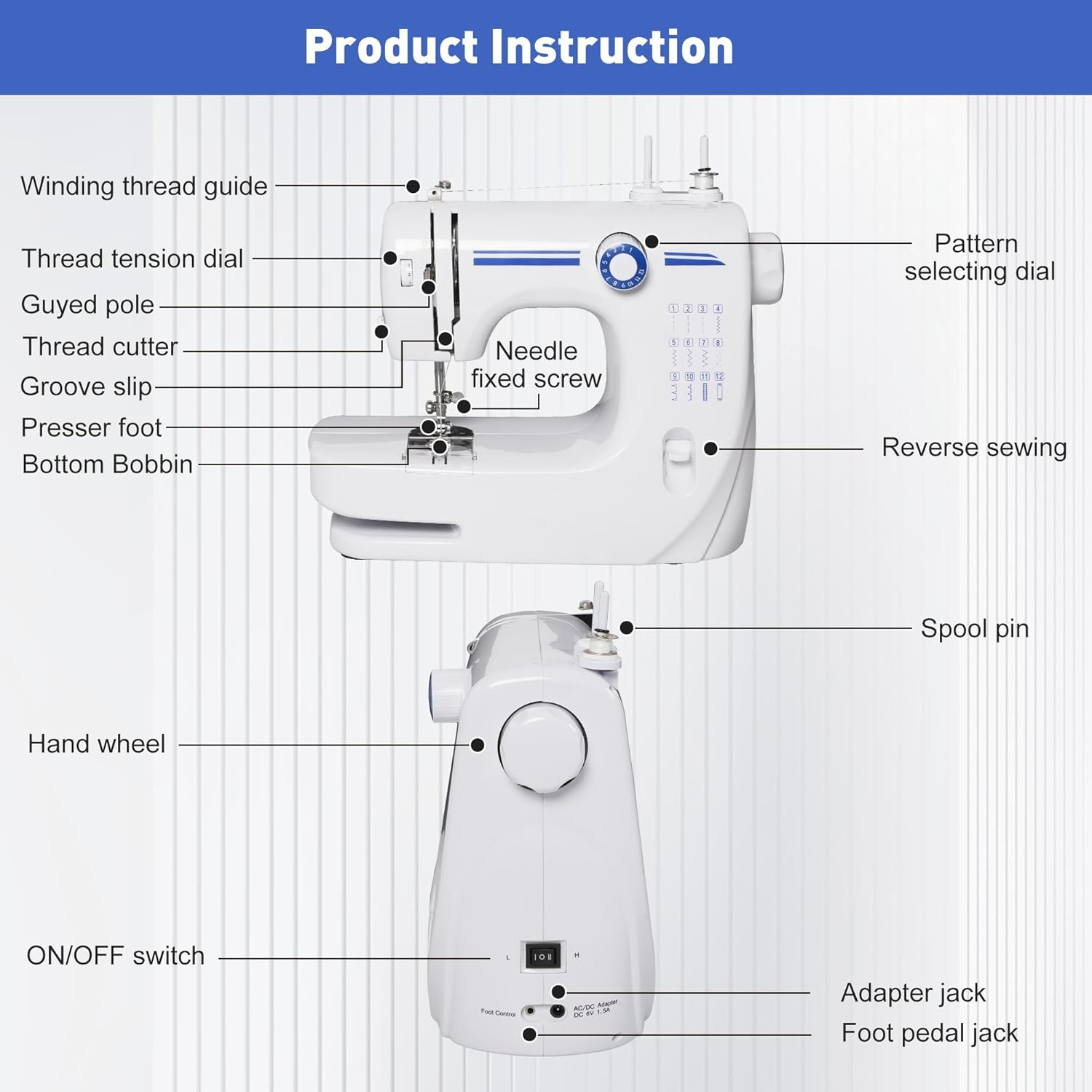 6V Portable Foot Pedal Sewing Machine w/ 12 Stitch Patterns for Beginners