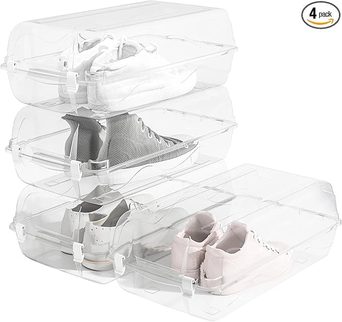 4 Pack Shoe Storage Box, Clear Plastic Stackable Shoe Boxes for Closet, Shoe Storage Organizer