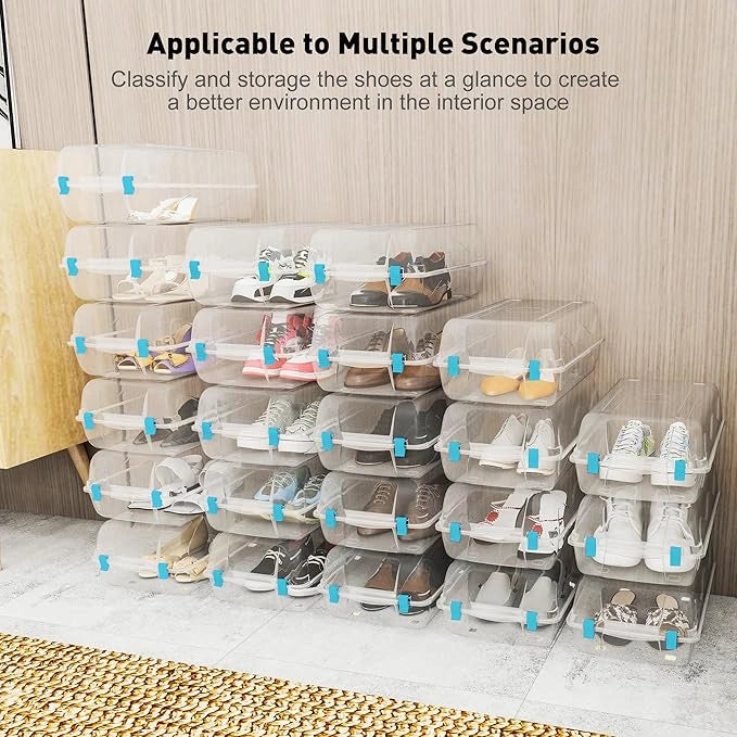 4 Pack Shoe Storage Box, Clear Plastic Stackable Shoe Boxes for Closet, Shoe Storage Organizer