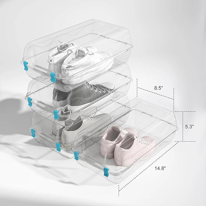 4 Pack Shoe Storage Box, Clear Plastic Stackable Shoe Boxes for Closet, Shoe Storage Organizer