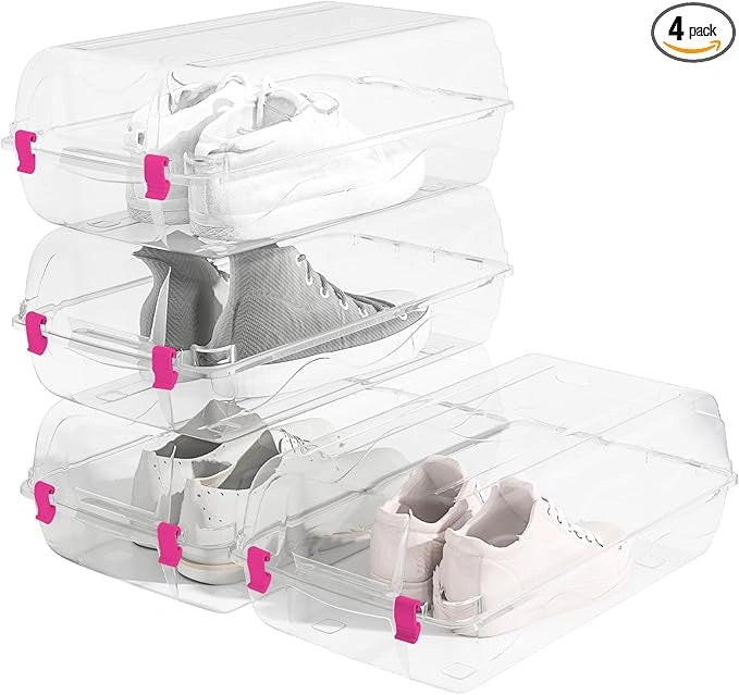 4 Pack Shoe Storage Box, Clear Plastic Stackable Shoe Boxes for Closet, Shoe Storage Organizer