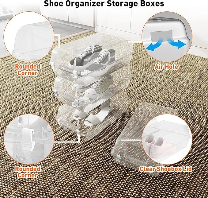 4 Pack Shoe Storage Box, Clear Plastic Stackable Shoe Boxes for Closet, Shoe Storage Organizer