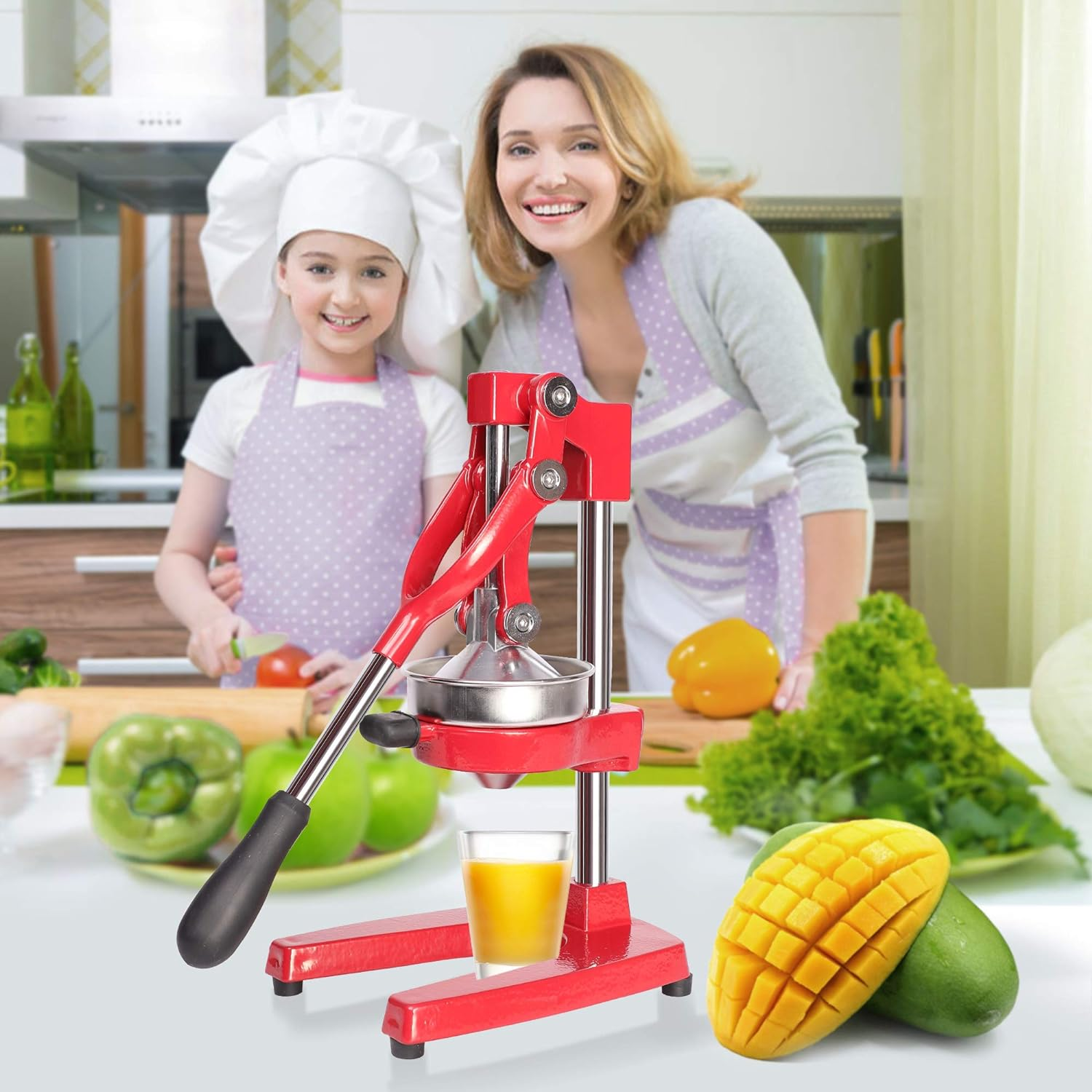 Manual Stainless Steel Citrus Juicer Squeezer with Cast Iron Base and Handle, Red