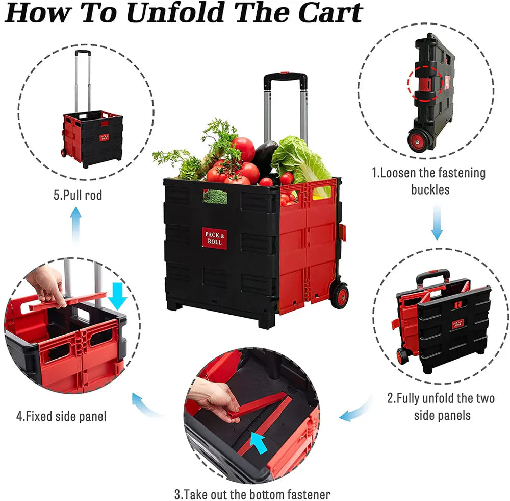 6PCS 44L Collapsible Rolling Crate Utility Cart Foldable Grocery Cart with Wheels, Red