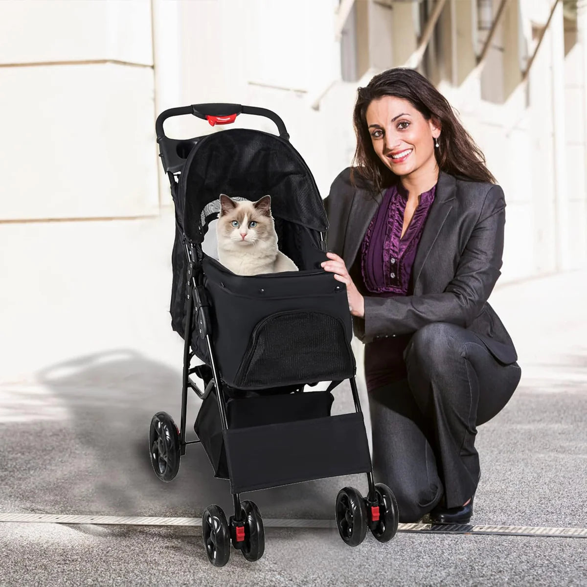 Dog Pet Jogger Stroller Folding Travel Carrier Cart for Small Cat Puppy, 4 Wheels, Black