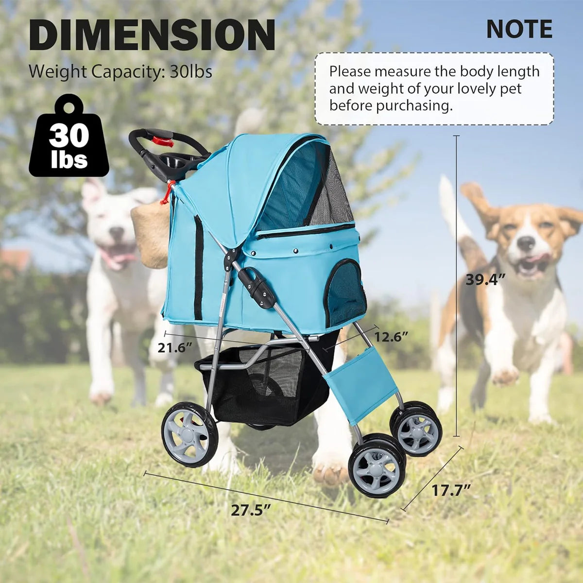 Dog Pet Jogger Stroller Folding Travel Carrier Cart for Small Cat Puppy, 4 Wheels