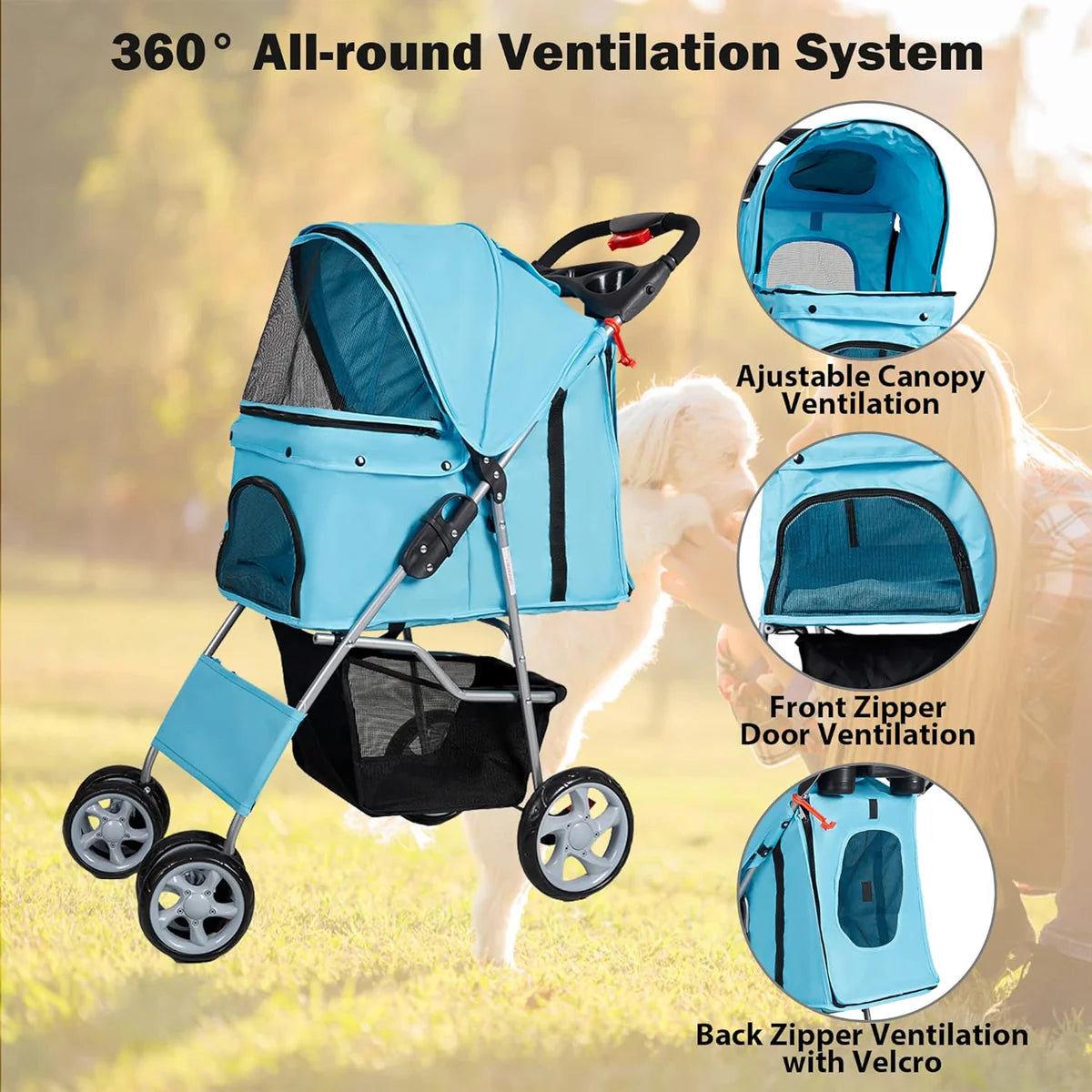 Dog Pet Jogger Stroller Folding Travel Carrier Cart for Small Cat Puppy, 4 Wheels