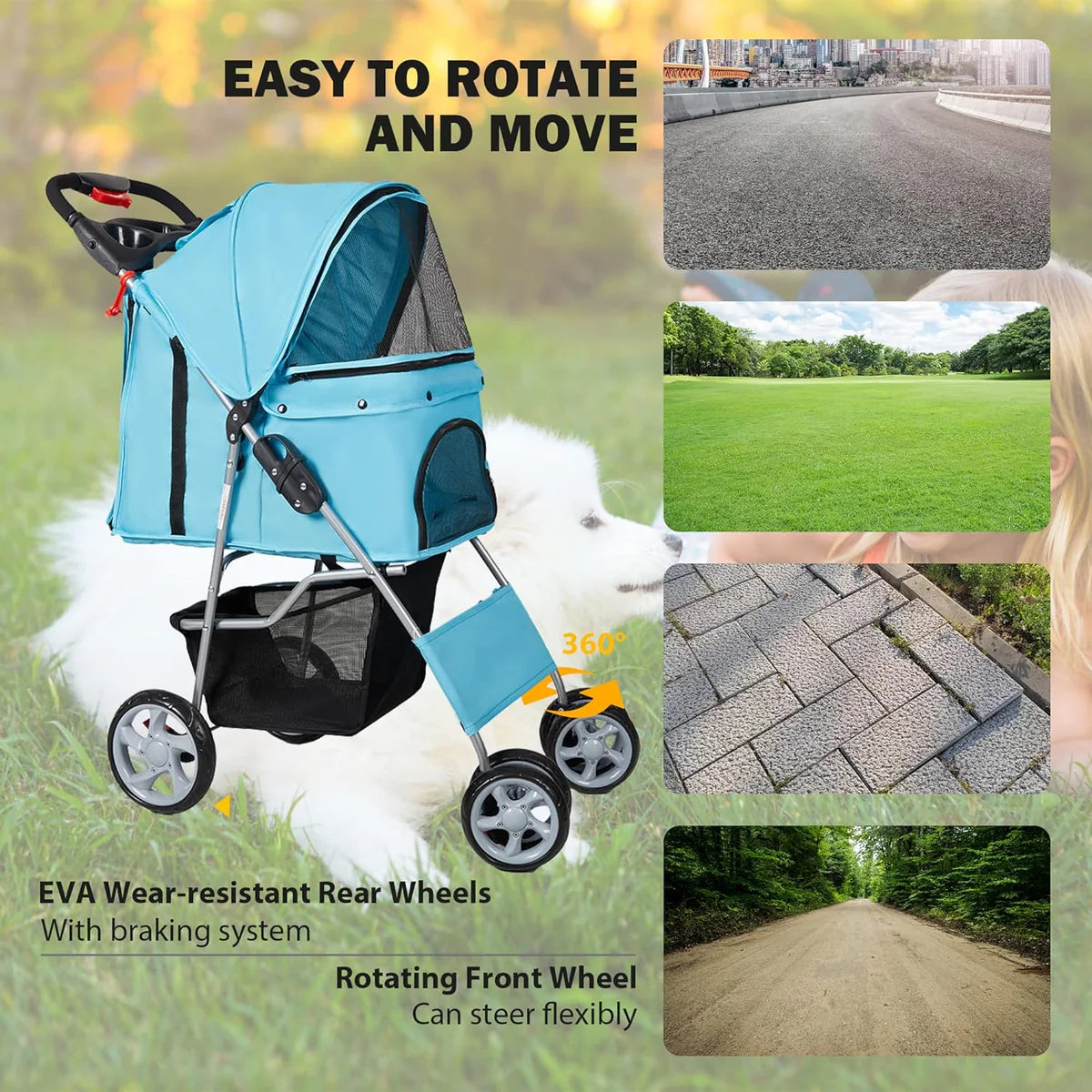 Dog Pet Jogger Stroller Folding Travel Carrier Cart for Small Cat Puppy, 4 Wheels