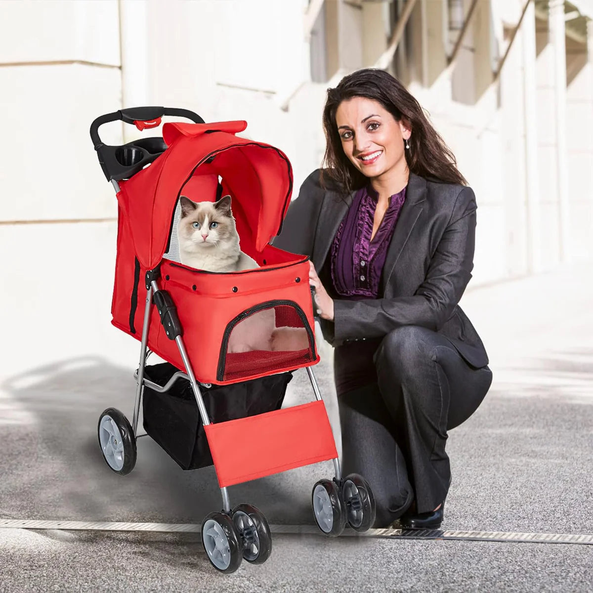 Dog Pet Jogger Stroller Folding Travel Carrier Cart for Small Cat Puppy, 4 Wheels