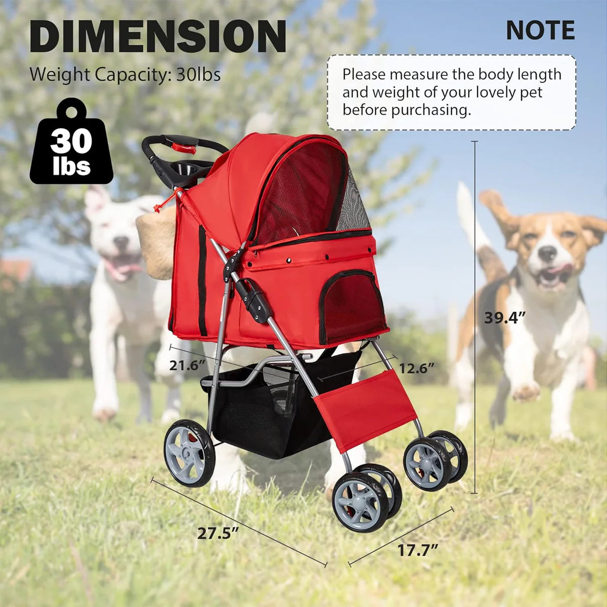 Dog Pet Jogger Stroller Folding Travel Carrier Cart for Small Cat Puppy, 4 Wheels