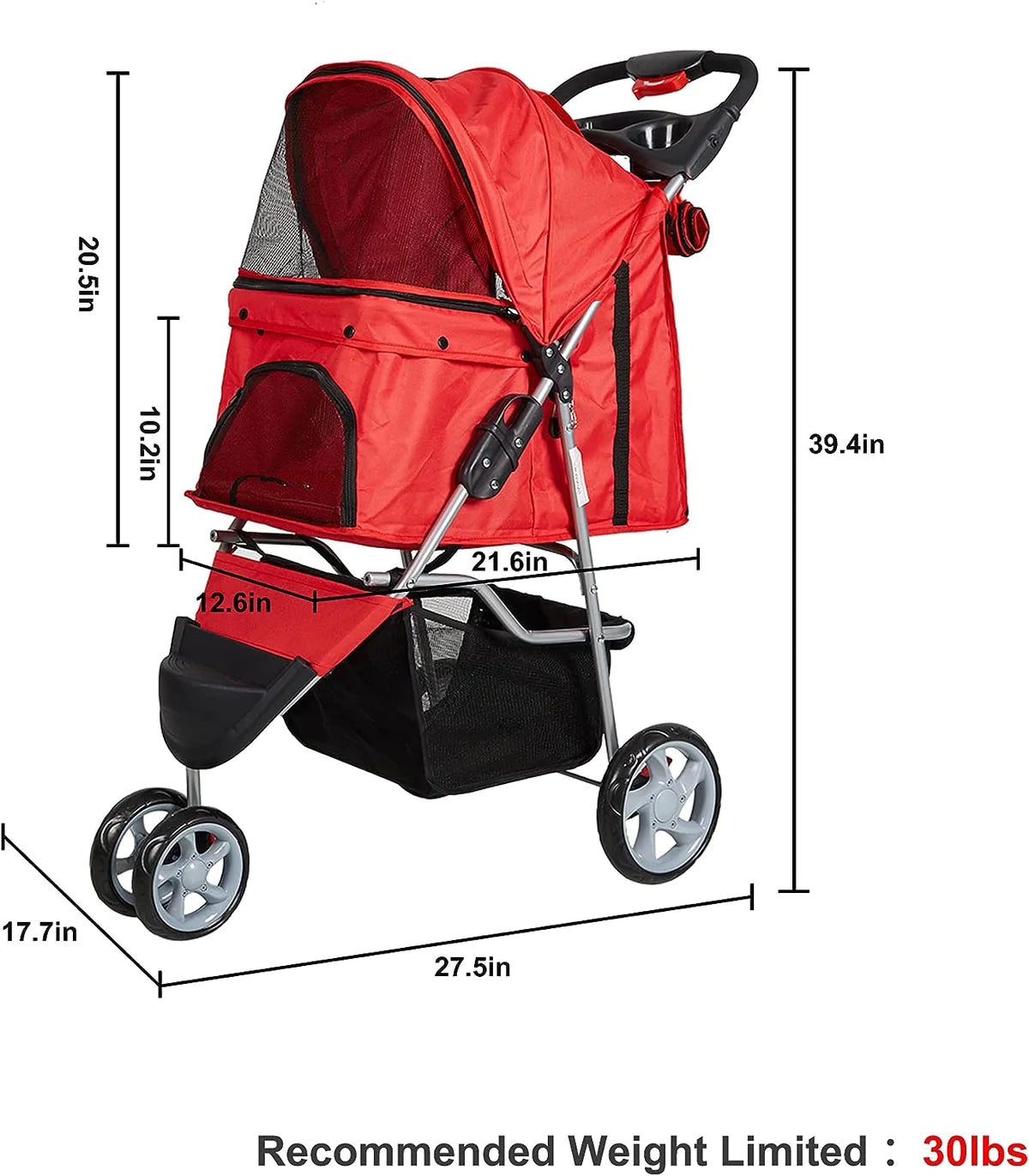 Dog Pet Jogger Stroller Folding Travel Carrier Cart for Small Cat Puppy, 3 Wheels