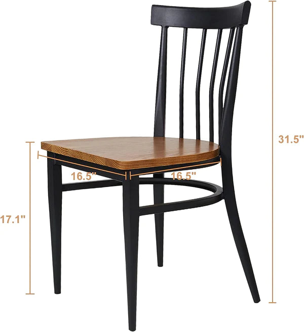 2 Set of  Dining Side Chairs Natural Wood Seat Iron Frame Kitchen Chairs, Comb Back Black