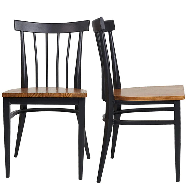 2 Set of  Dining Side Chairs Natural Wood Seat Iron Frame Kitchen Chairs, Comb Back Black