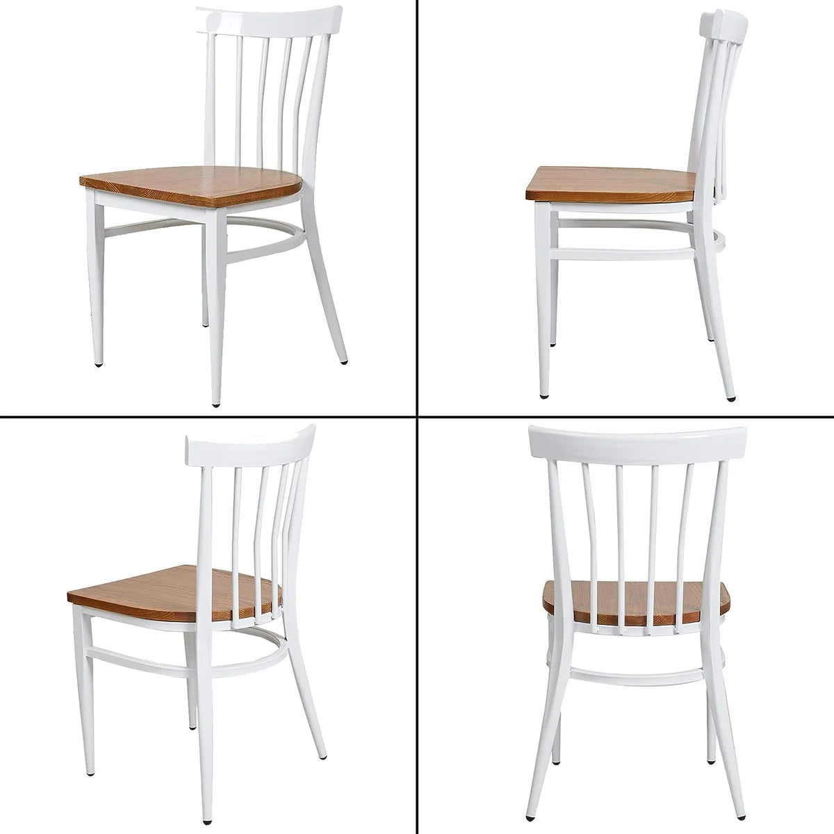 2 Set of   Natural Wood Seat Iron Frame Kitchen Chairs Dining Side Chairs, Comb Back White